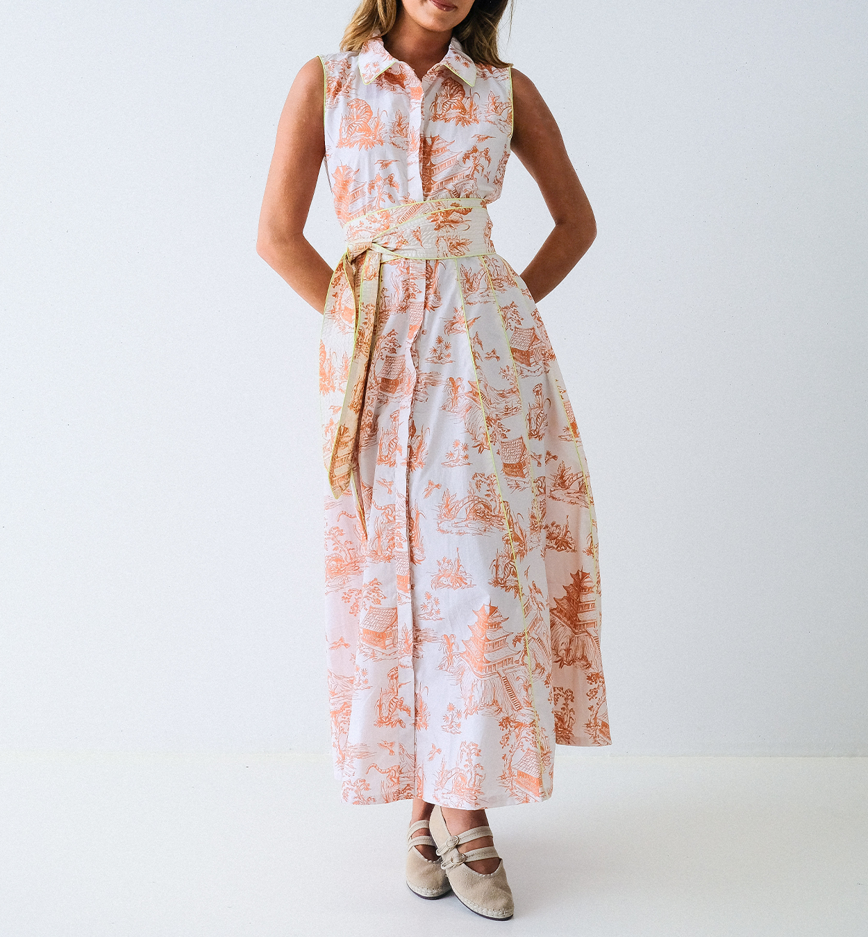 Orange Toile Chinoiserie Sleeveless Panel Dress