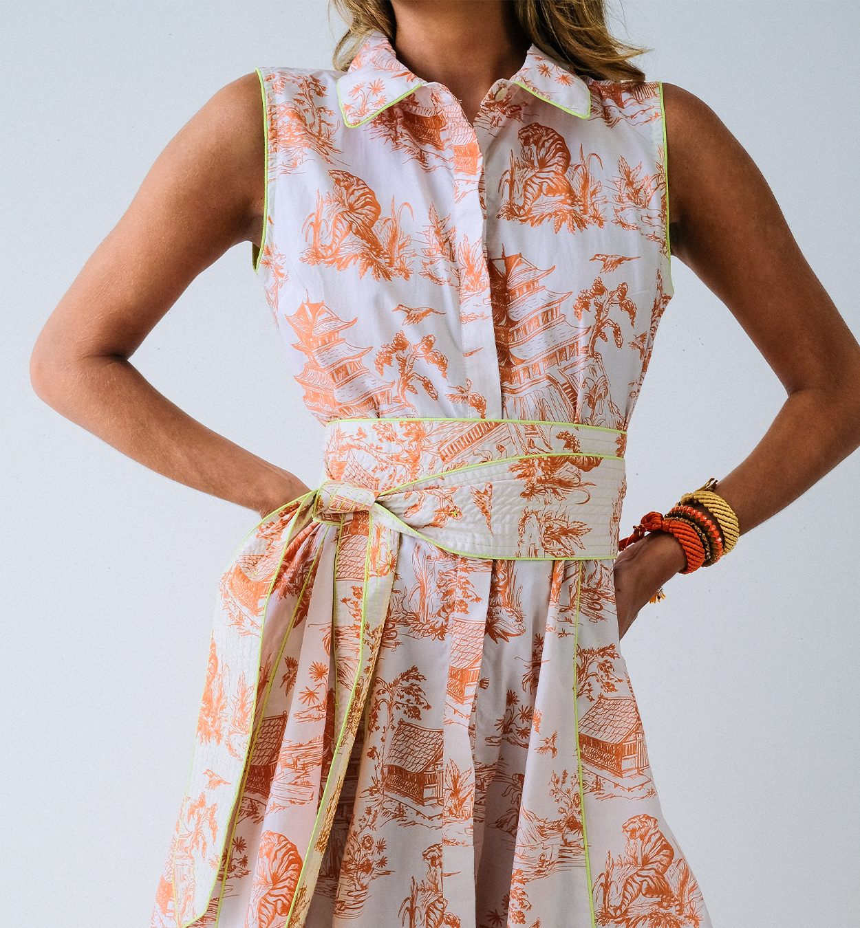 Orange Toile Chinoiserie Sleeveless Panel Dress