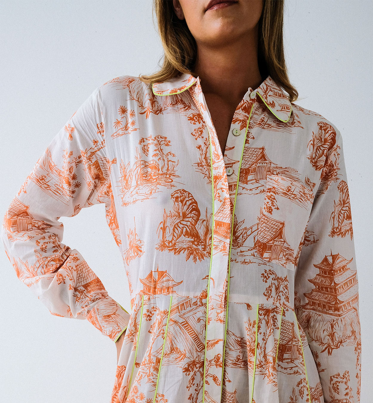 Orange Toile Chinoiserie Long Sleeve Panel Dress
