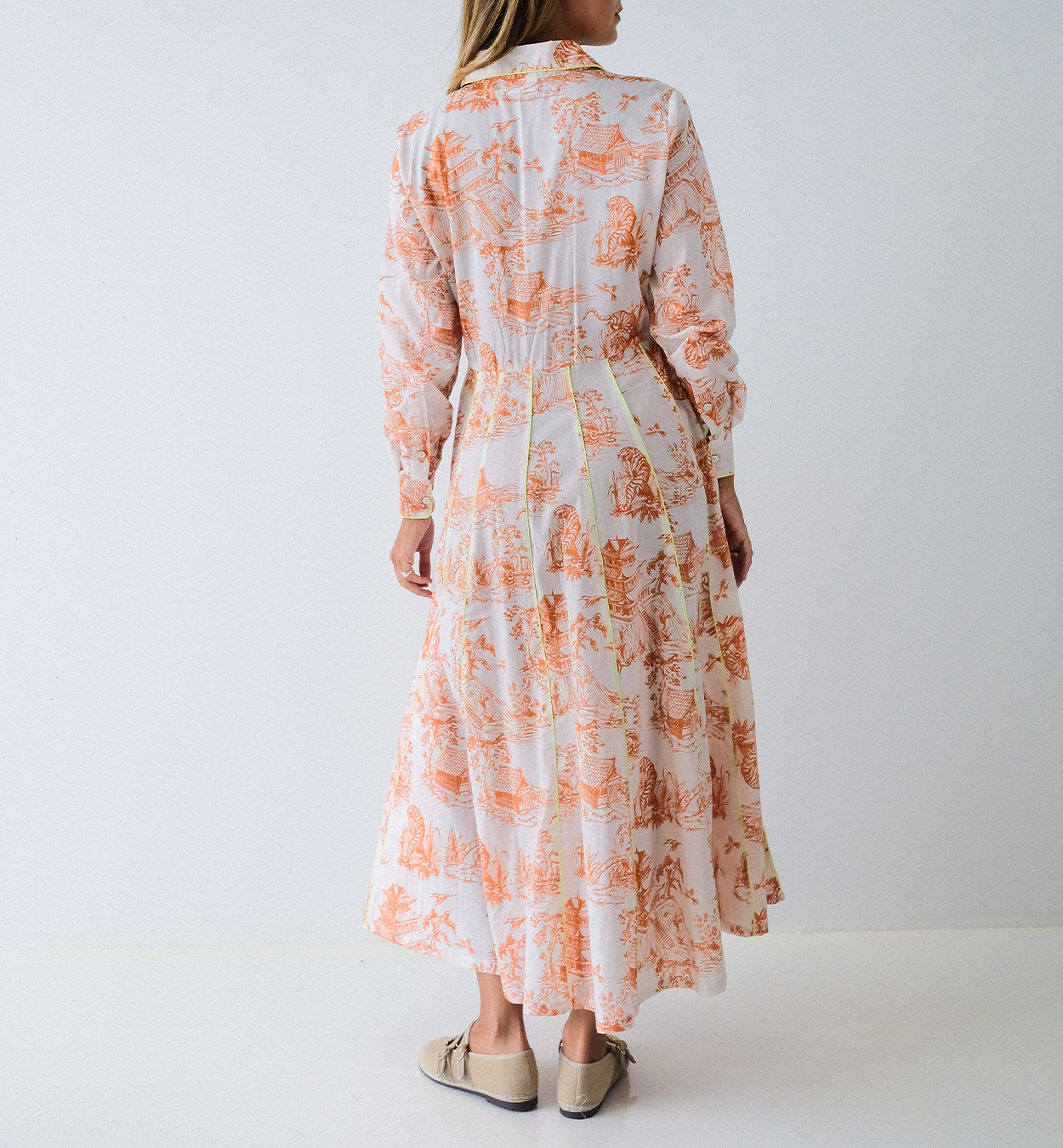 Orange Toile Chinoiserie Long Sleeve Panel Dress
