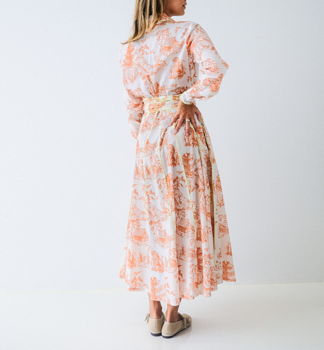 Orange Toile Chinoiserie Long Sleeve Panel Dress