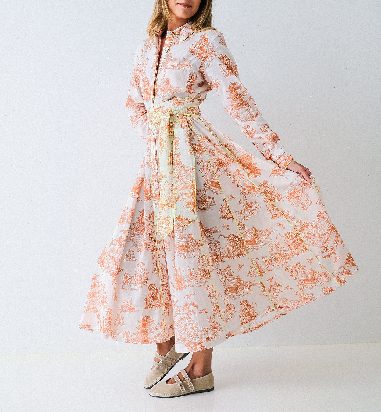 Orange Toile Chinoiserie Long Sleeve Panel Dress