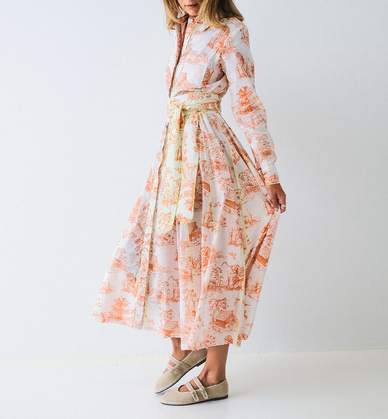 Orange Toile Chinoiserie Long Sleeve Panel Dress