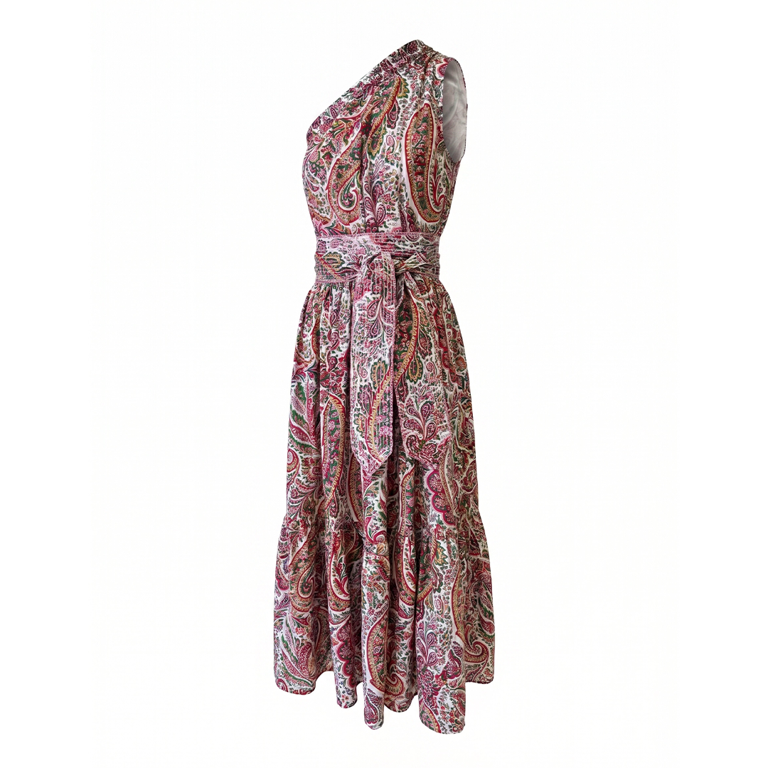 Ruby Red Paisley One Shoulder Dress
