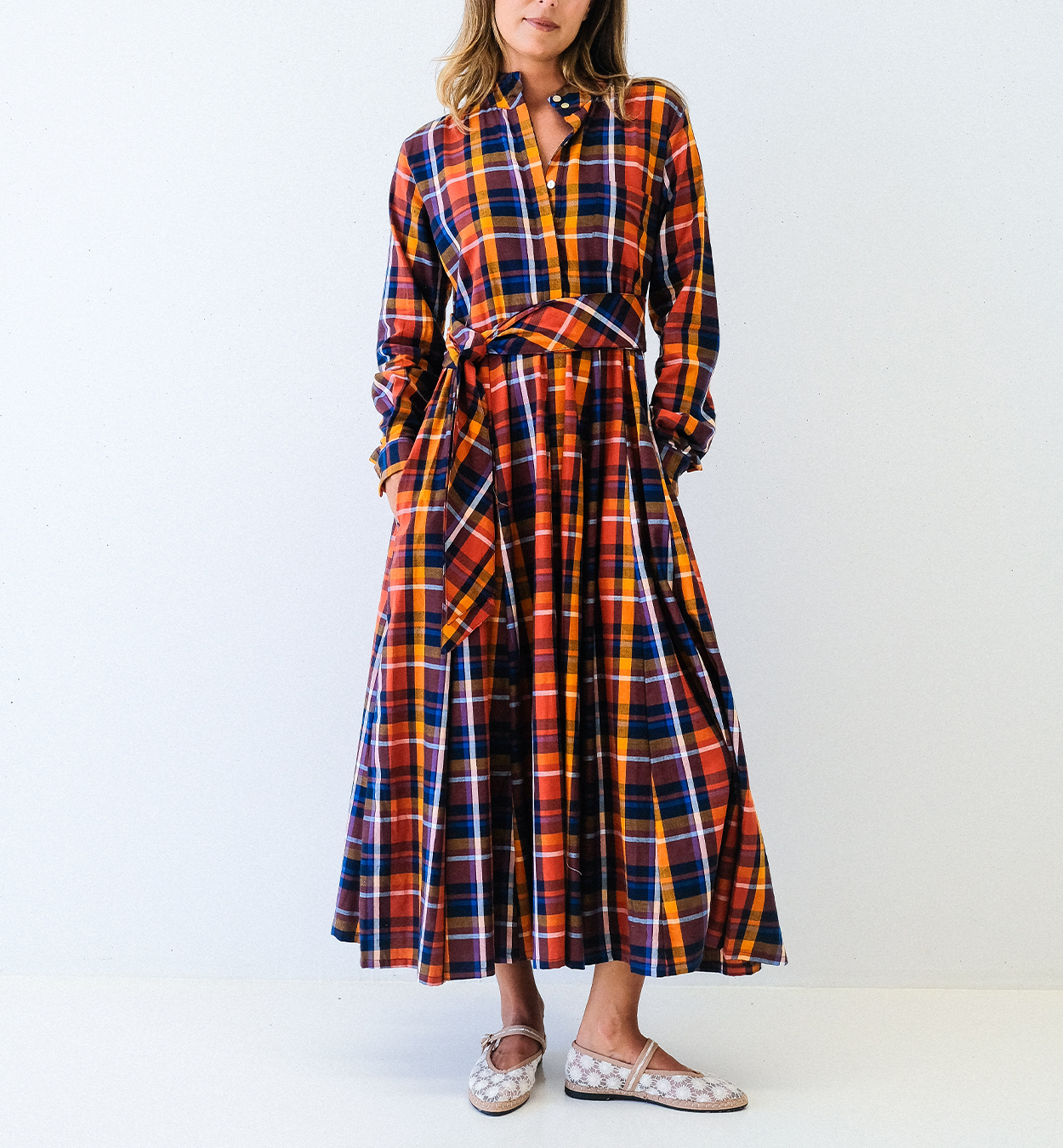 Saffron Check Long Sleeve Belted Panel Dress - FINAL SALE