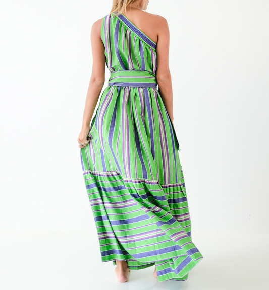 San Remo One Shoulder Tiered Belted Dress