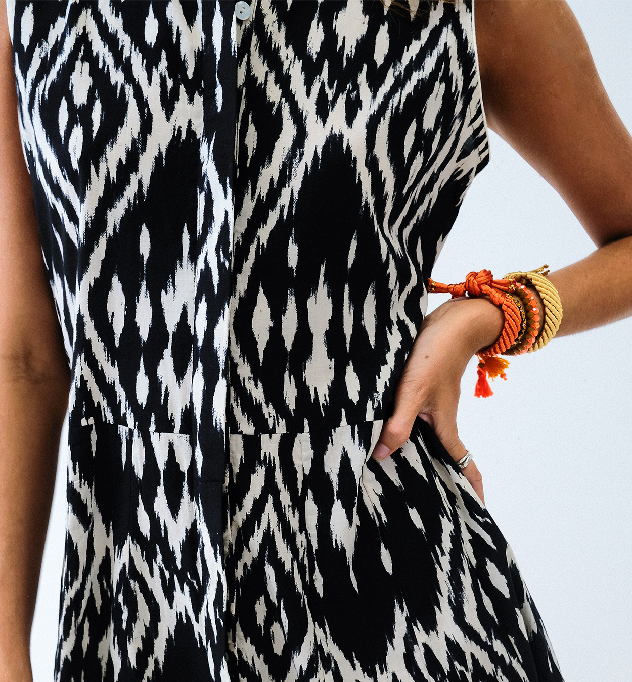 Black & Cream Ikat Short Sleeve Panel Dress