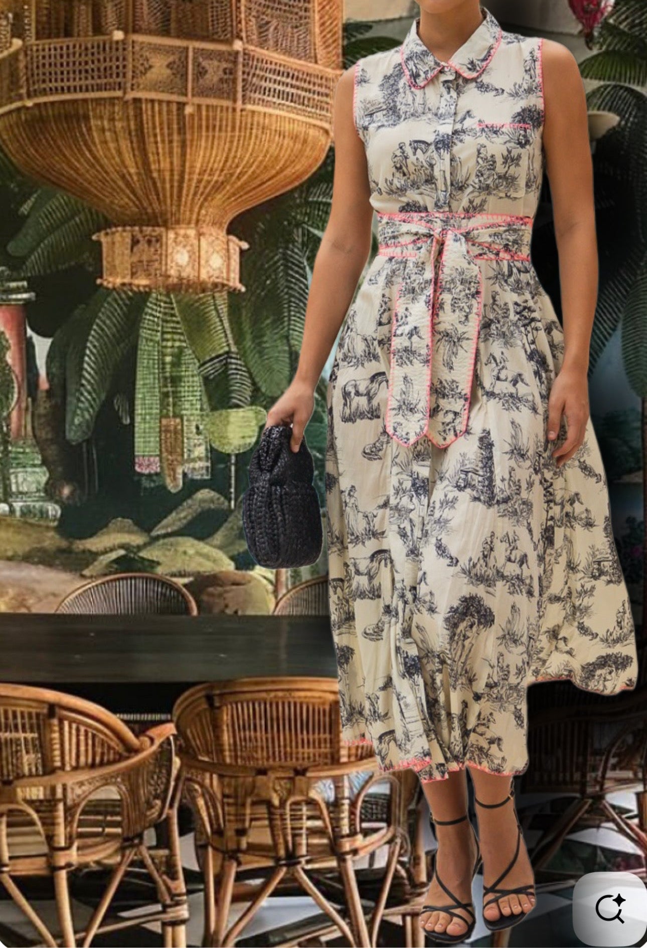 Black & Cream Toile Sleeveless Collar Panel Dress