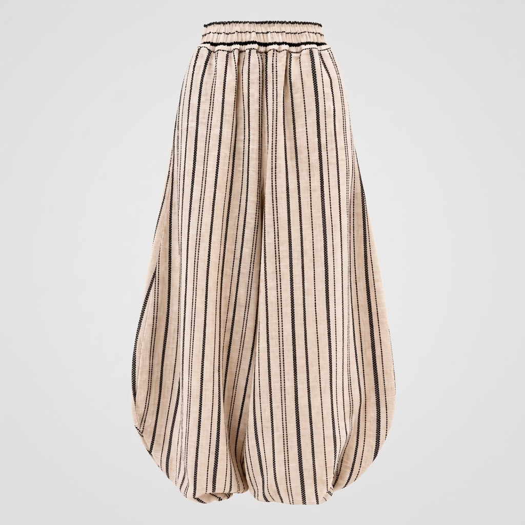 A pair of beige wide-leg harem pants with vertical black stripes, featuring an elastic waistband.