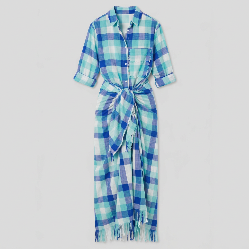 A long-sleeve plaid shirt dress in shades of blue, green, and white, featuring a button-down front, chest pocket, and a self-tie belt at the waist.