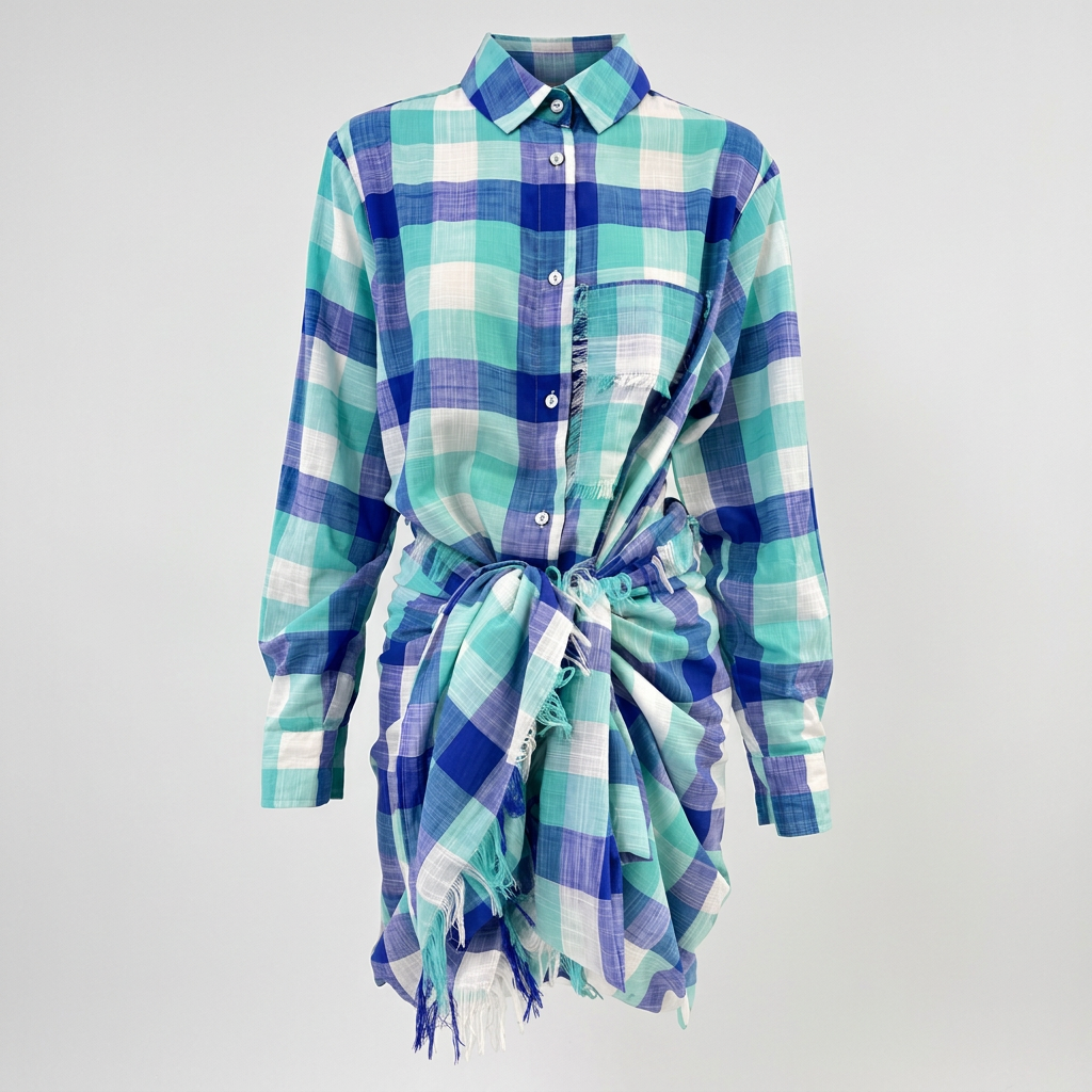 A long-sleeve plaid shirt dress in shades of blue, green, and white, featuring a button-down front, chest pocket, and a self-tie belt at the waist.