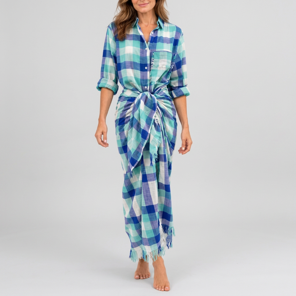 A woman modeling a blue, green, and white plaid wrap dress with a tie waist and fringed hem, standing against a plain white background.