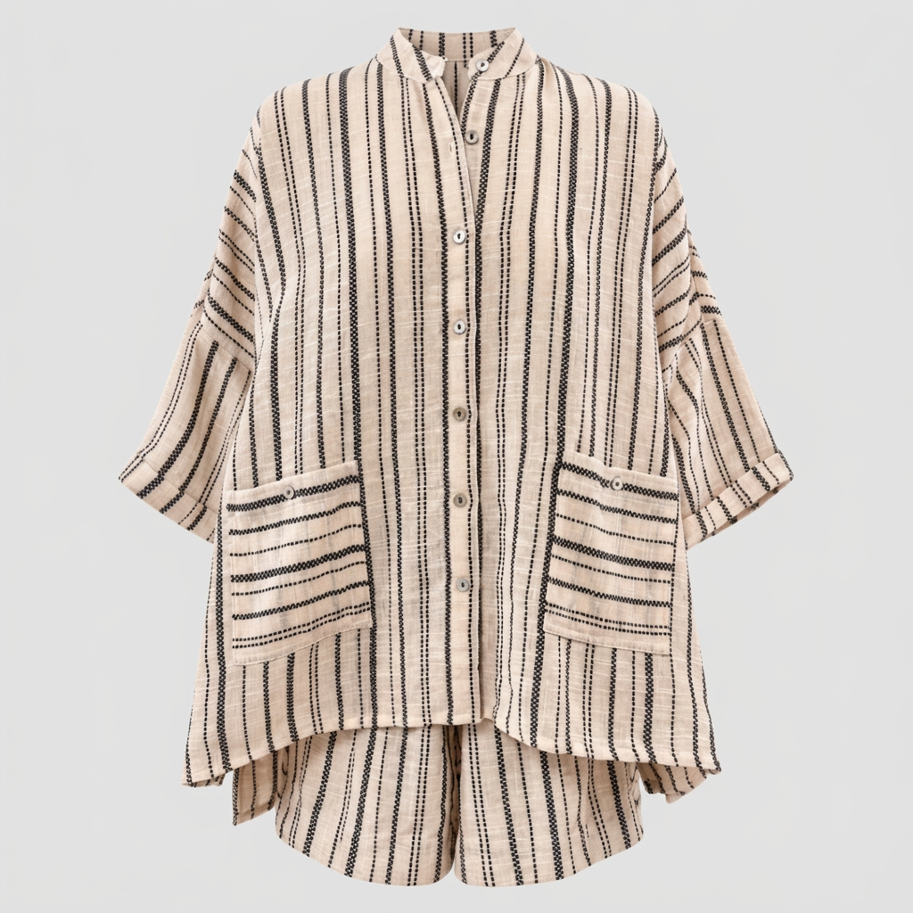 A beige and black vertically striped button-up shirt jacket with three-quarter sleeves and two front patch pockets, shown on a plain white background.