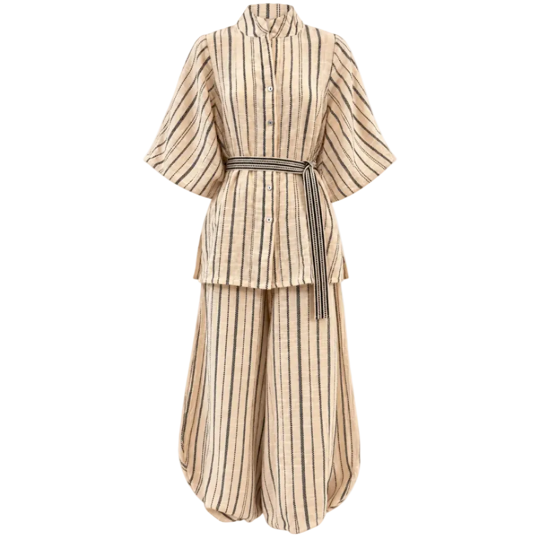 A beige and black vertically striped two-piece outfit consisting of a short-sleeved button-front top with a matching tie belt and wide-leg pants, shown on a plain white background.