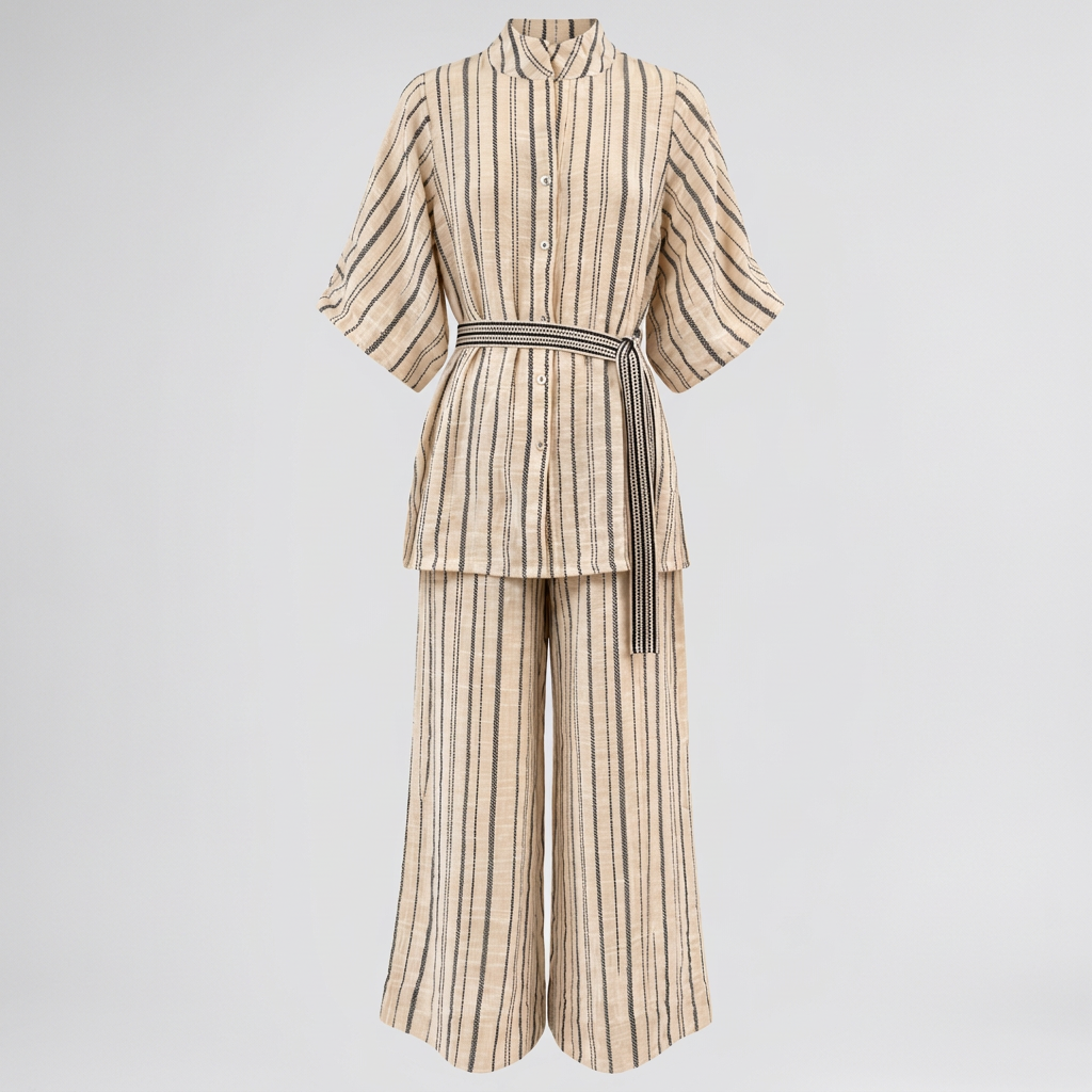 A beige and brown vertically striped two-piece set featuring a short-sleeve button-front top with a tie belt and matching wide-leg pants, shown on a plain white background.
