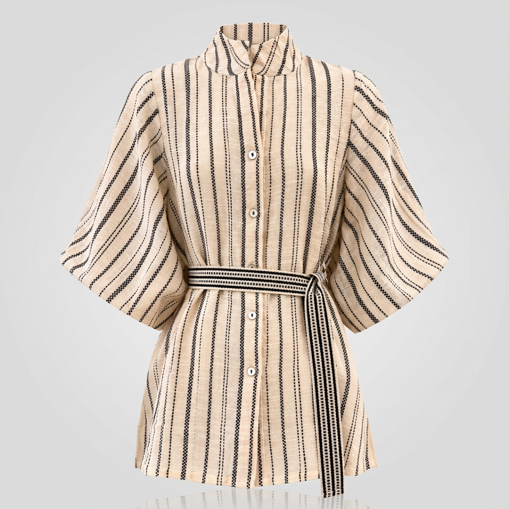 A beige and black vertically striped button-up shirt jacket with a matching tie belt, displayed on a clean white background.