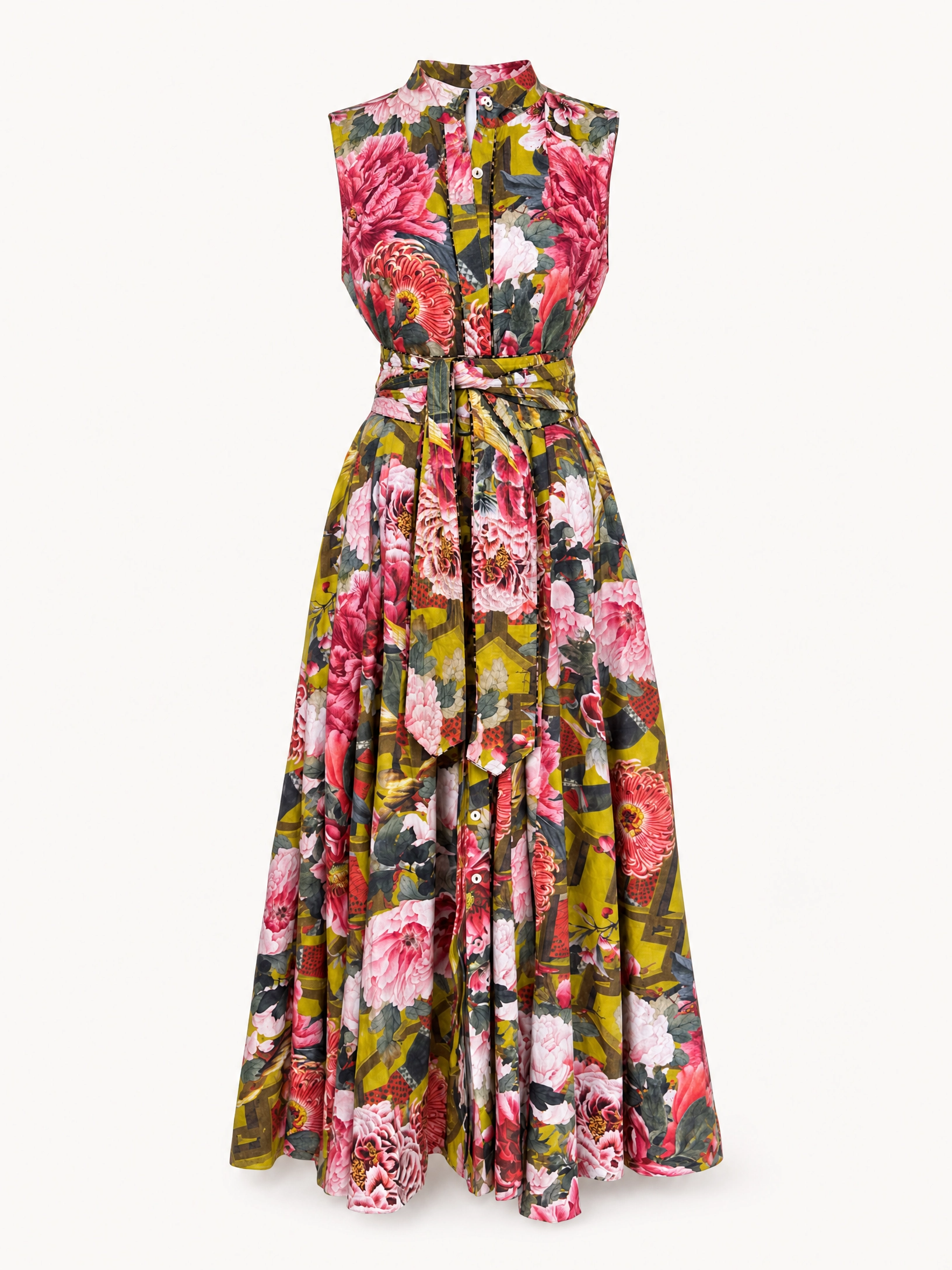 A sleeveless, high-neck, floor-length A-line dress with a vibrant floral print. The dress features a structured bodice, a matching self-tie waist belt, and a full skirt.