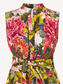 A sleeveless button-front top or dress with a bold floral print in pink, red, green, yellow, and white, featuring a high collar and a matching waist tie.