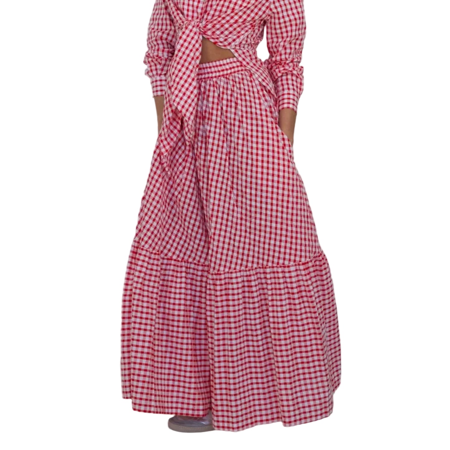 Cherry Check Tiered Cotton Maxi Skirt