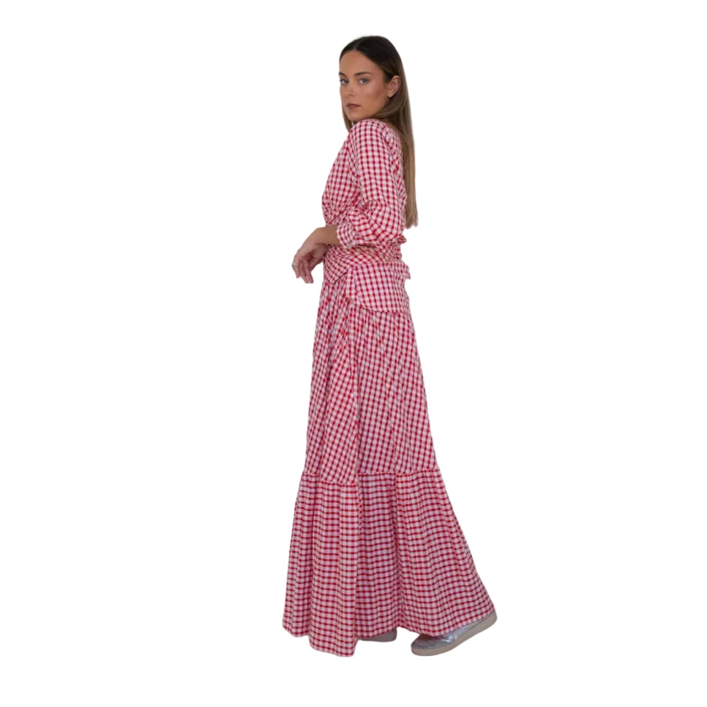 Cherry Check Tiered Cotton Maxi Skirt