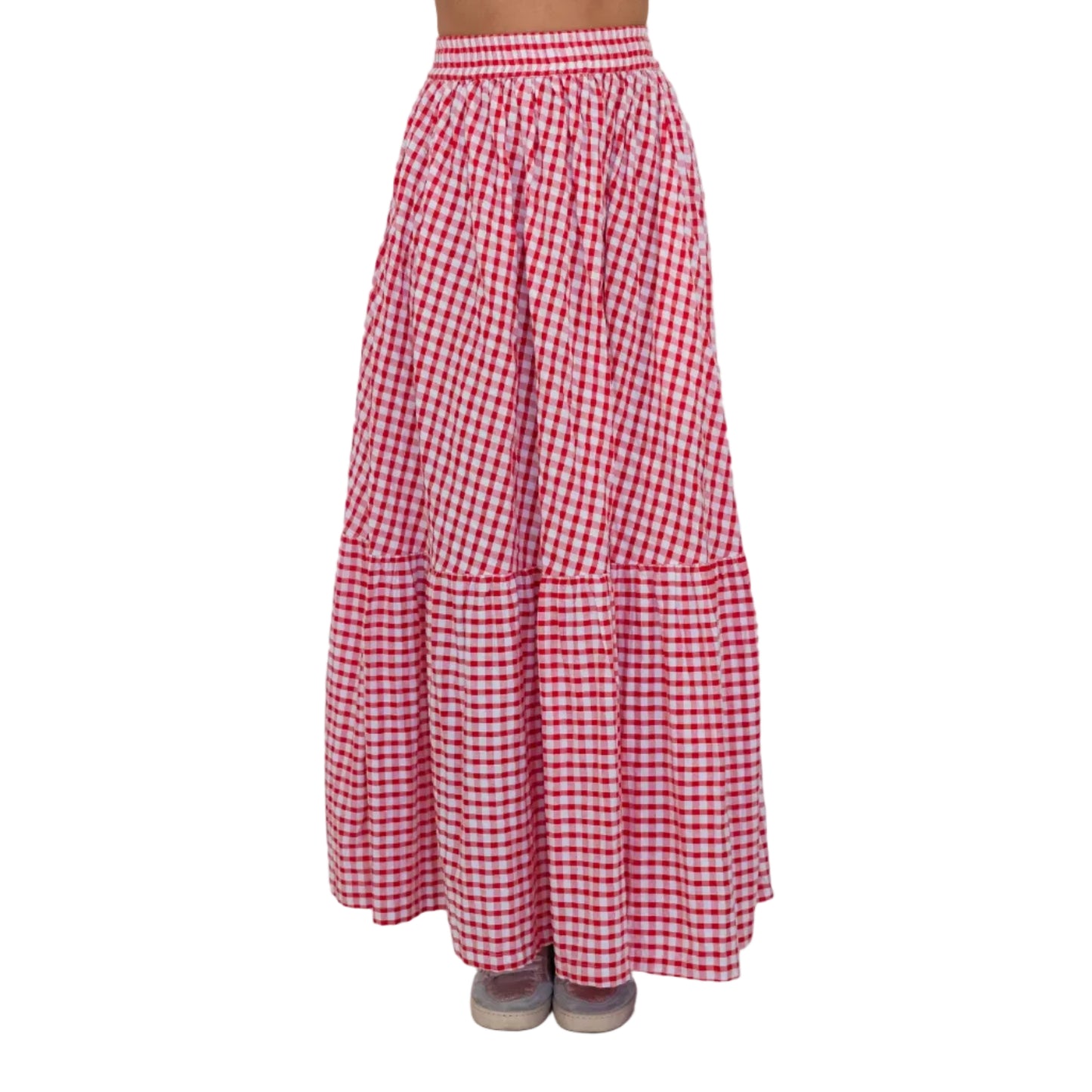Cherry Check Tiered Cotton Maxi Skirt