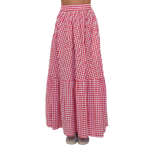 Cherry Check Tiered Cotton Maxi Skirt