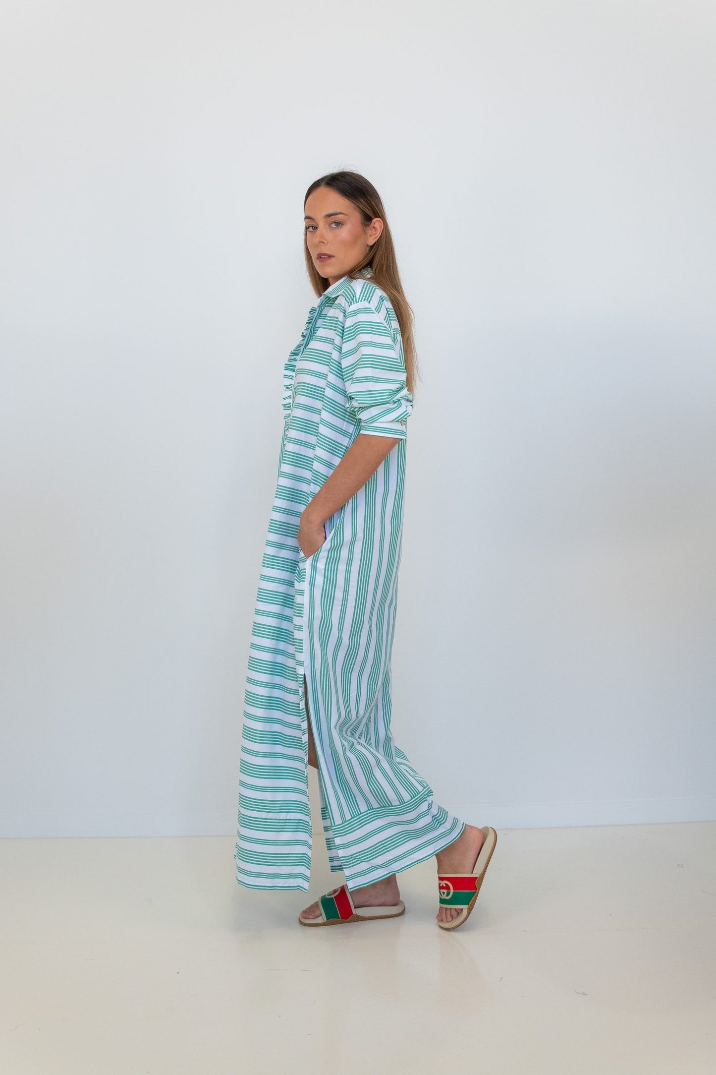 Verde Riviera Long Ruffled Shirt Dress – Green Striped