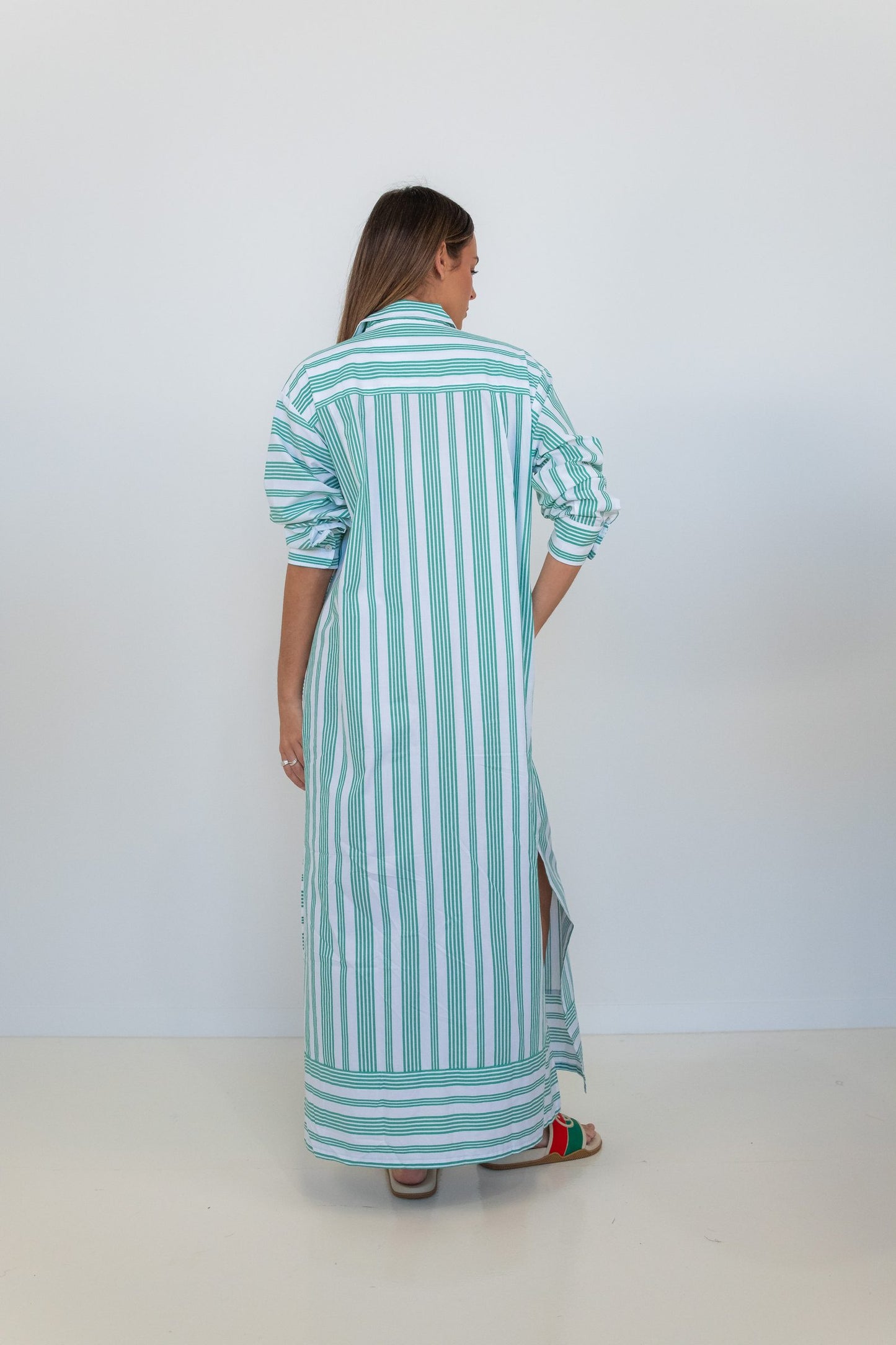 Verde Riviera Long Ruffled Shirt Dress – Green Striped