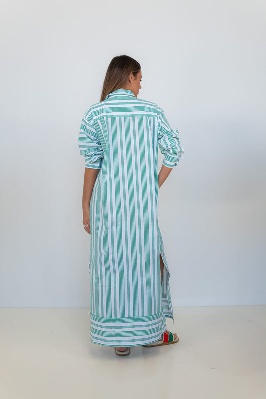 Verde Riviera Long Ruffled Shirt Dress – Green Striped