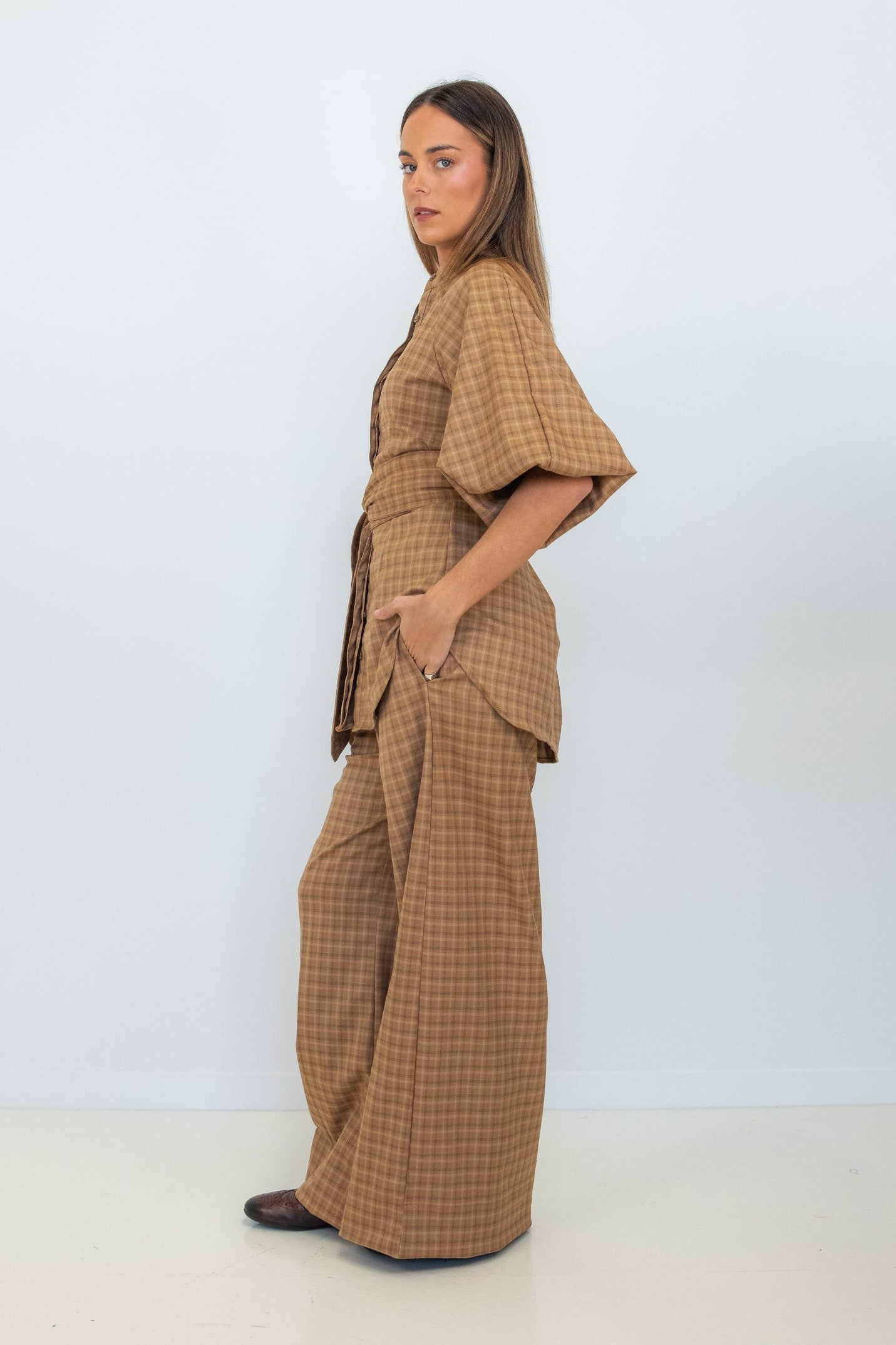 Cappuccino Check Lux Balloon Sleeve Belted Shirt