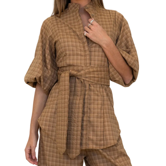 Cappuccino Check Lux Balloon Sleeve Belted Shirt
