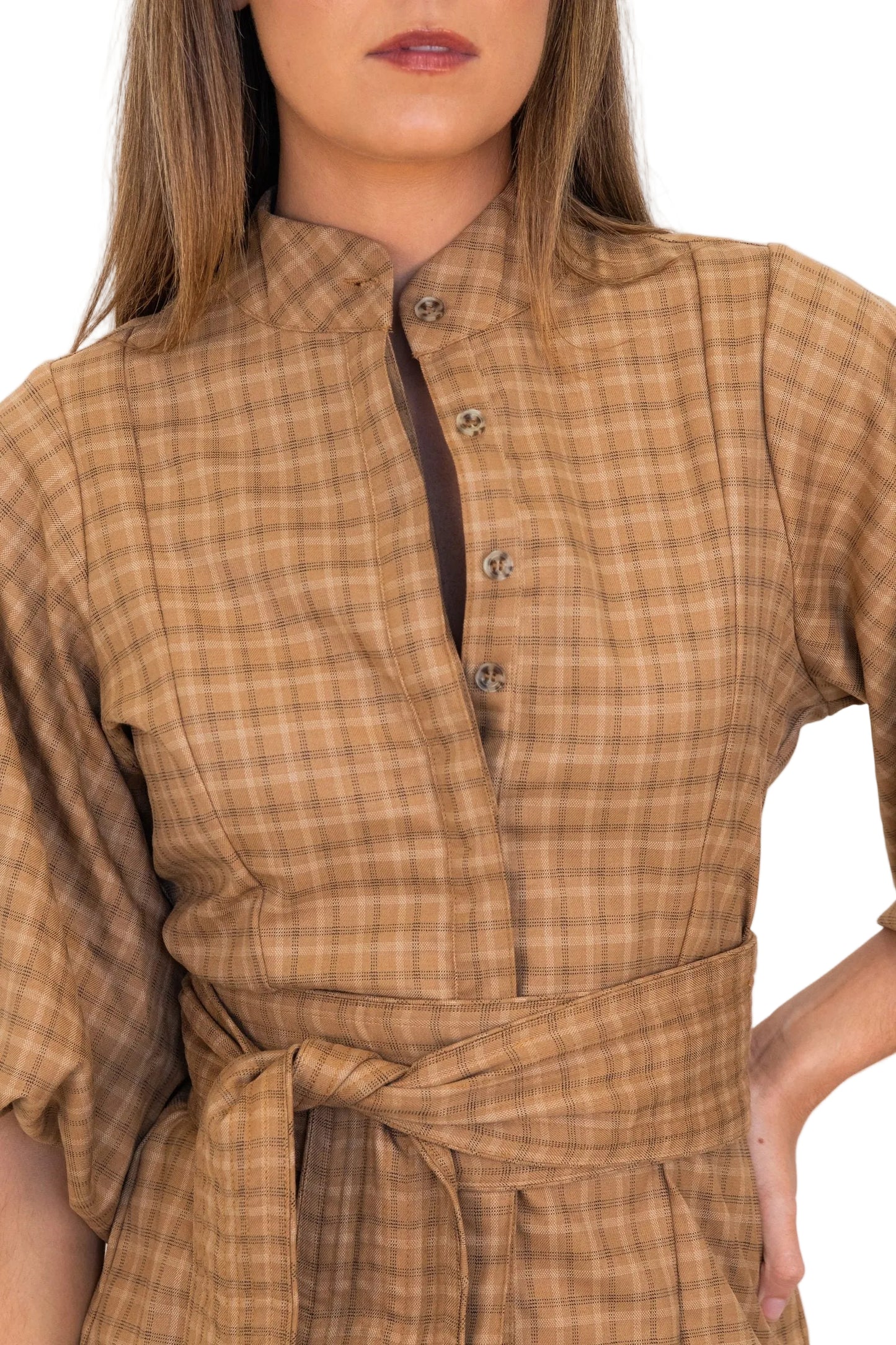Cappuccino Check Lux Balloon Sleeve Belted Shirt