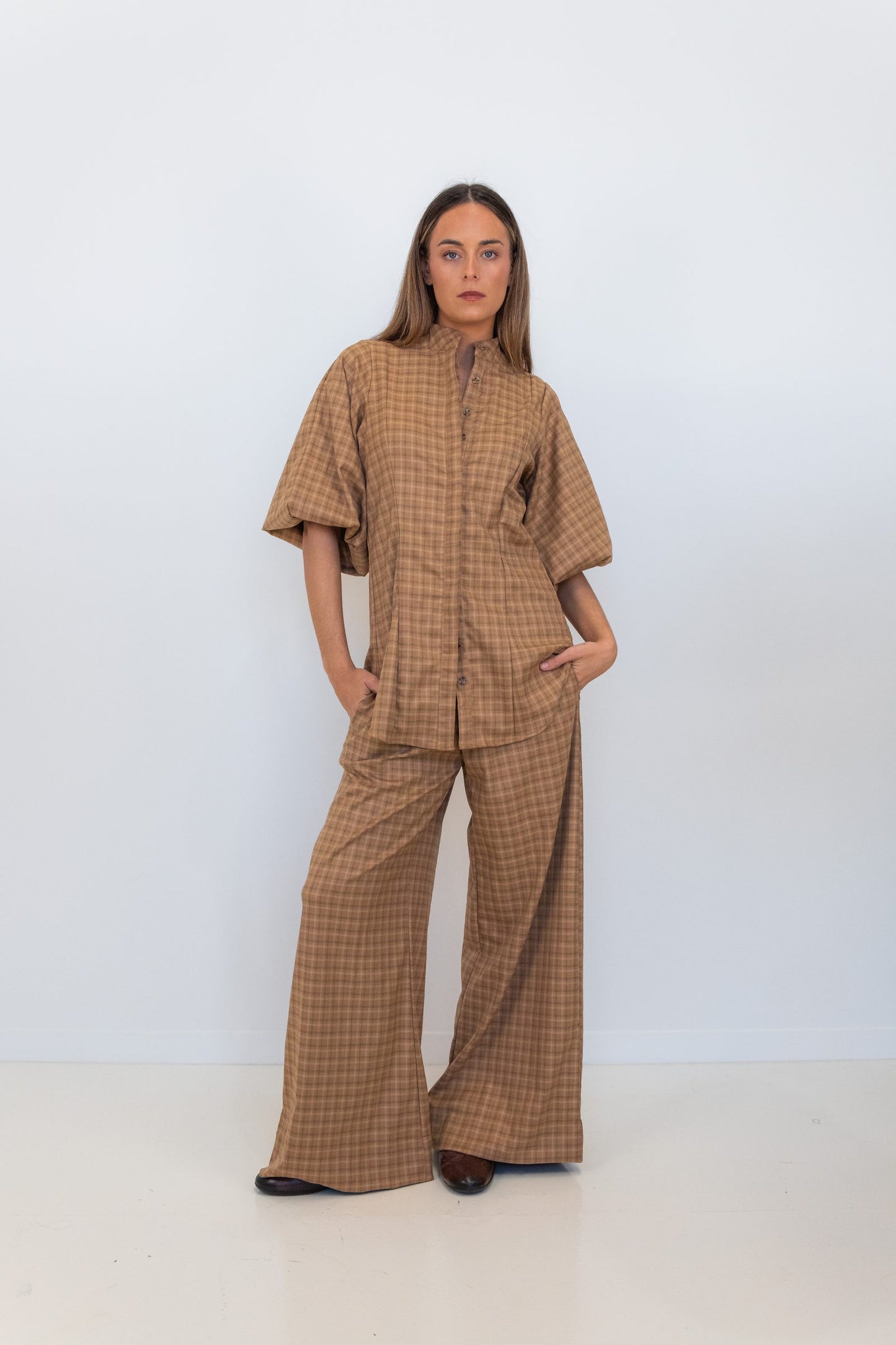 Cappuccino Check Lux Balloon Sleeve Belted Shirt