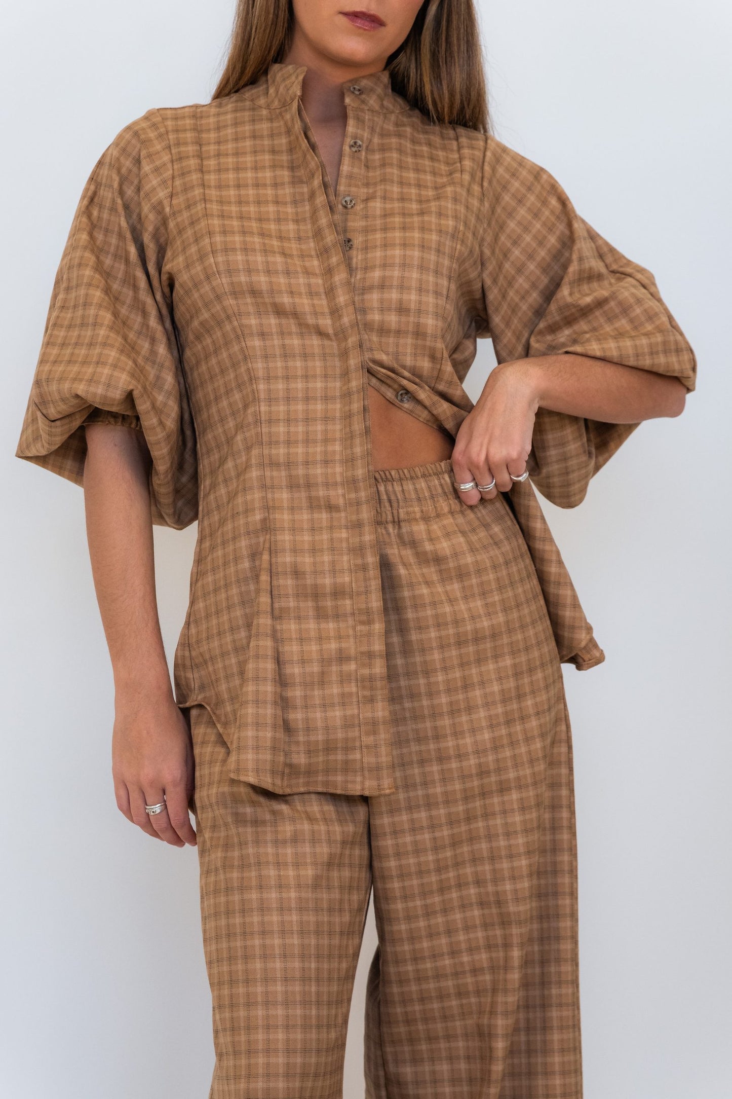 Cappuccino Check Lux Balloon Sleeve Belted Shirt