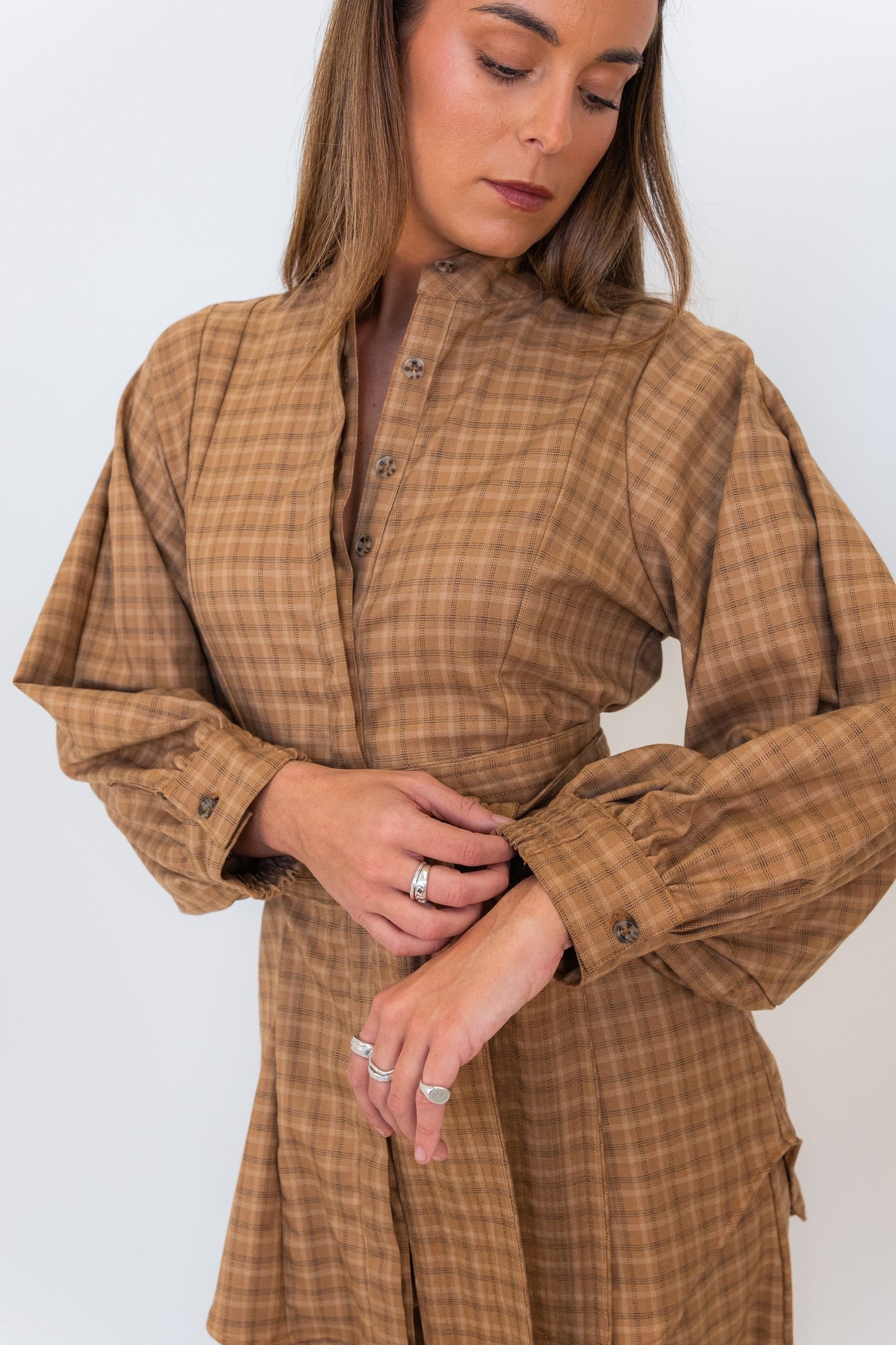 Cappuccino Check Lux Balloon Sleeve Belted Shirt
