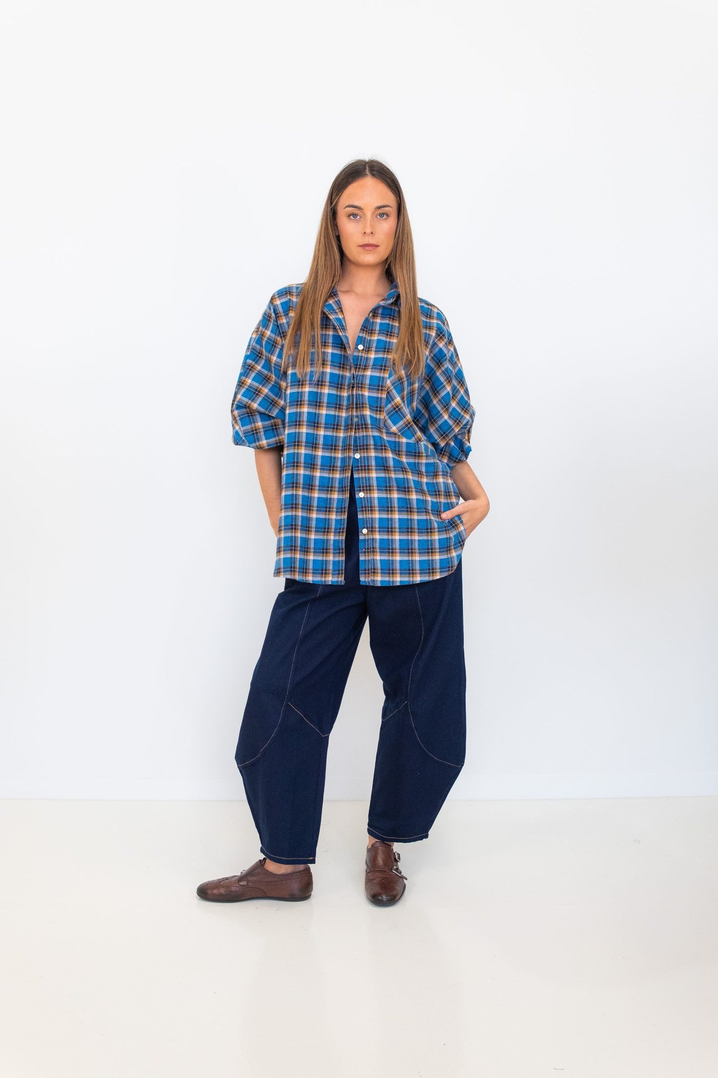 Butterfly Sleeve Shirt - Blue Checks