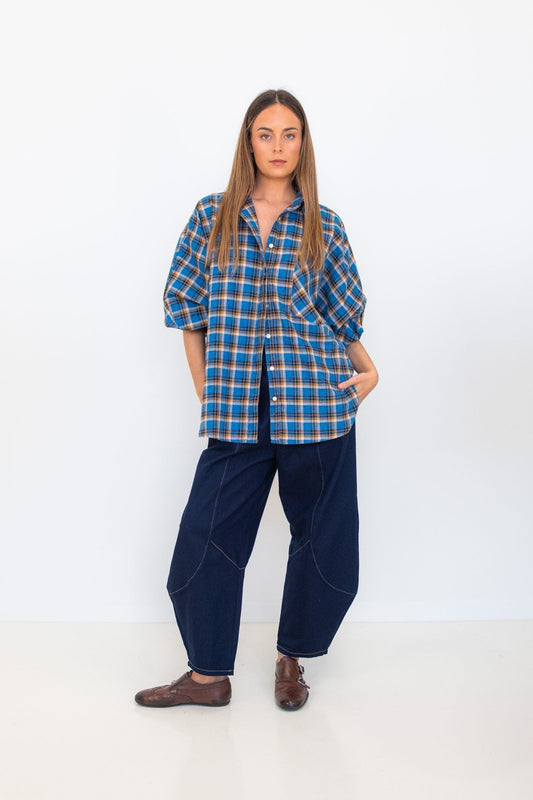 Butterfly Sleeve Shirt - Blue Checks
