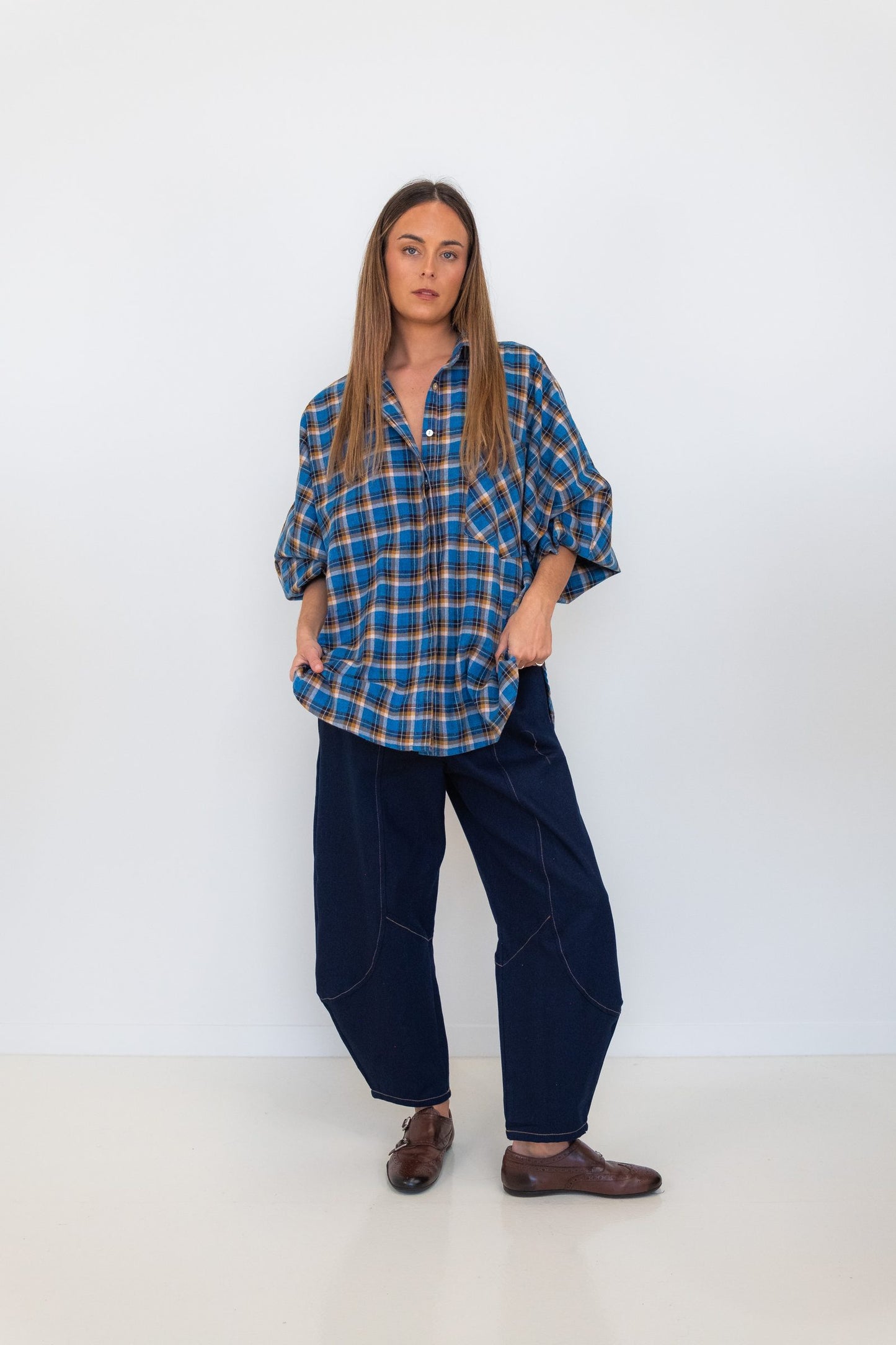 Butterfly Sleeve Shirt - Blue Checks