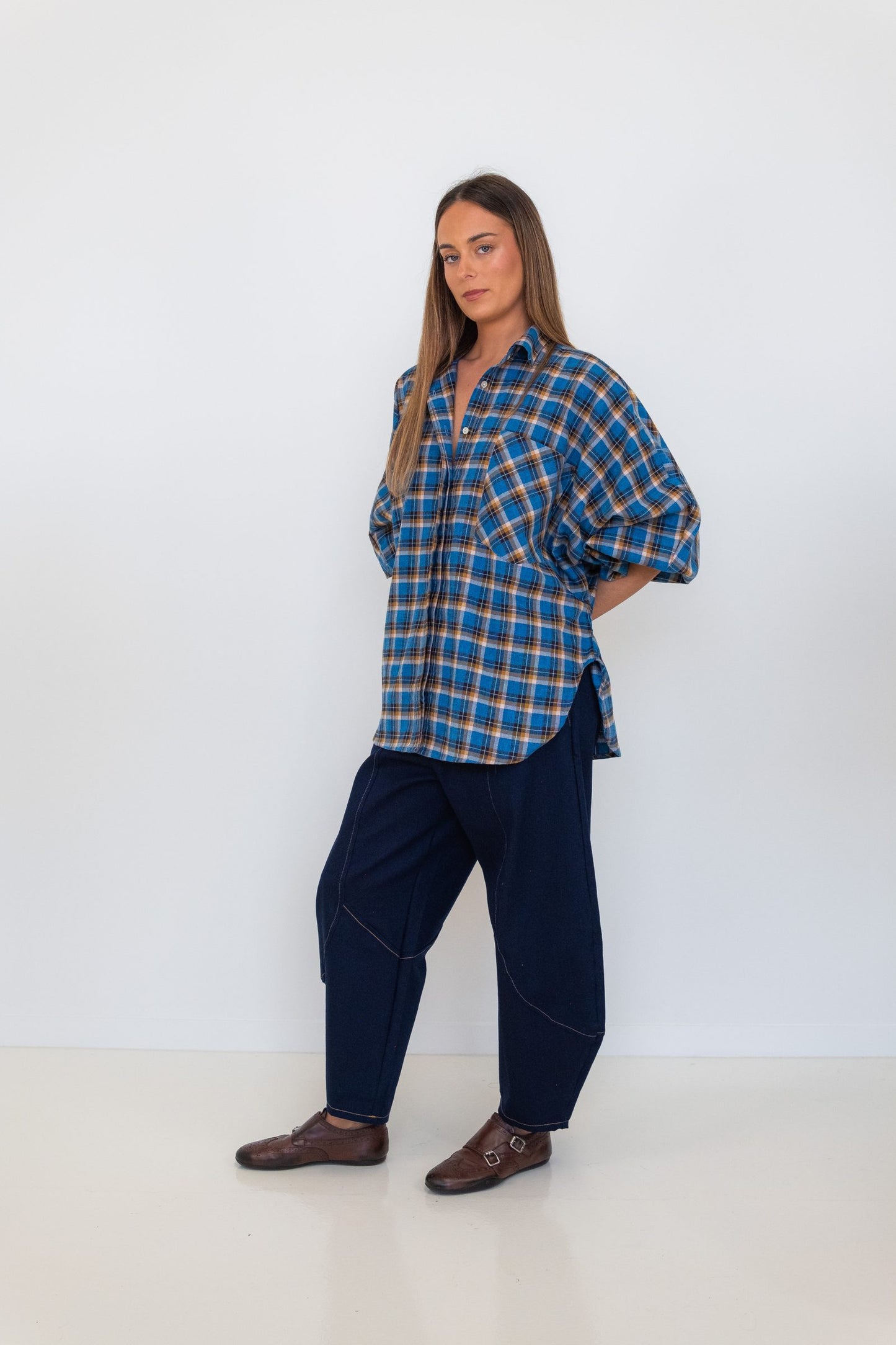 Butterfly Sleeve Shirt - Blue Checks