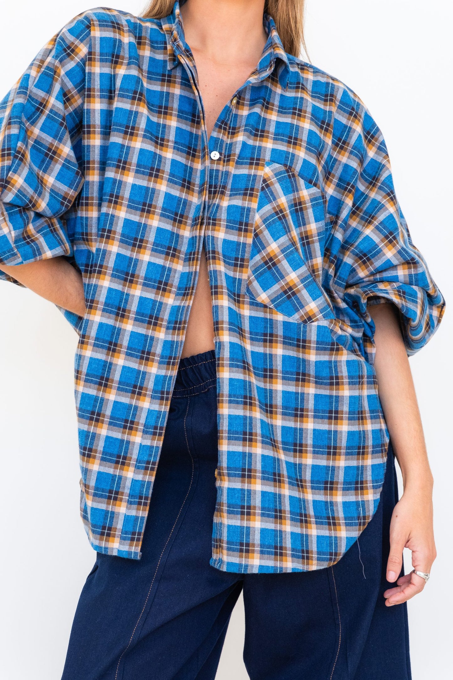 Butterfly Sleeve Shirt - Blue Checks