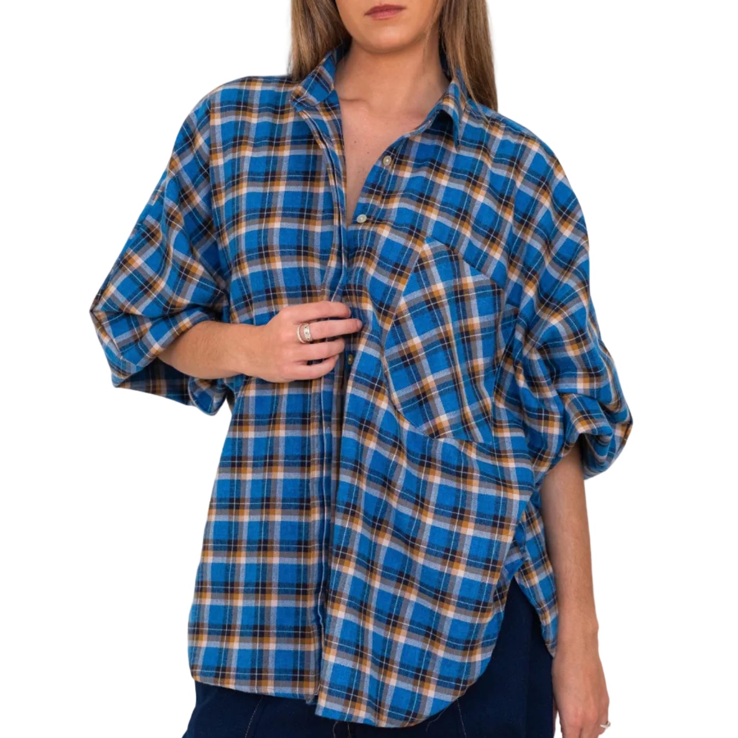 Butterfly Sleeve Shirt - Blue Checks