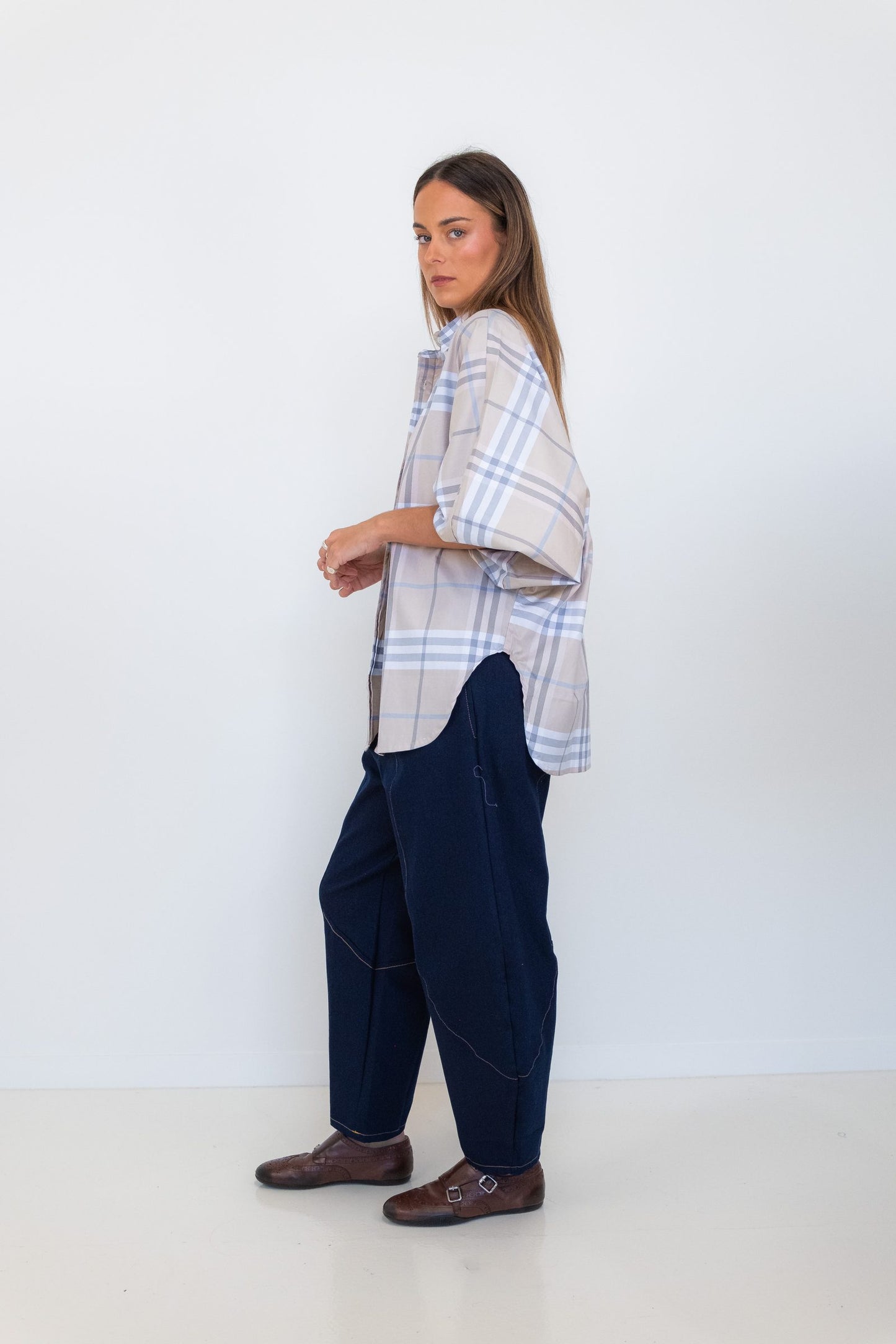 Butterfly Sleeve Shirt - Tan Checks