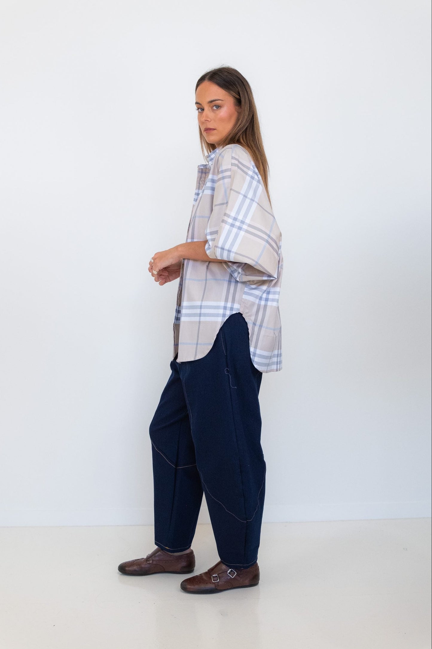 Butterfly Sleeve Shirt - Tan Checks