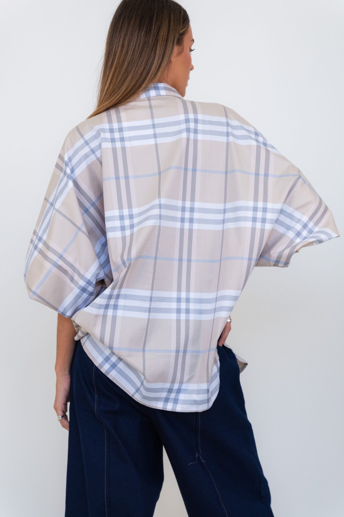 Butterfly Sleeve Shirt - Tan Checks