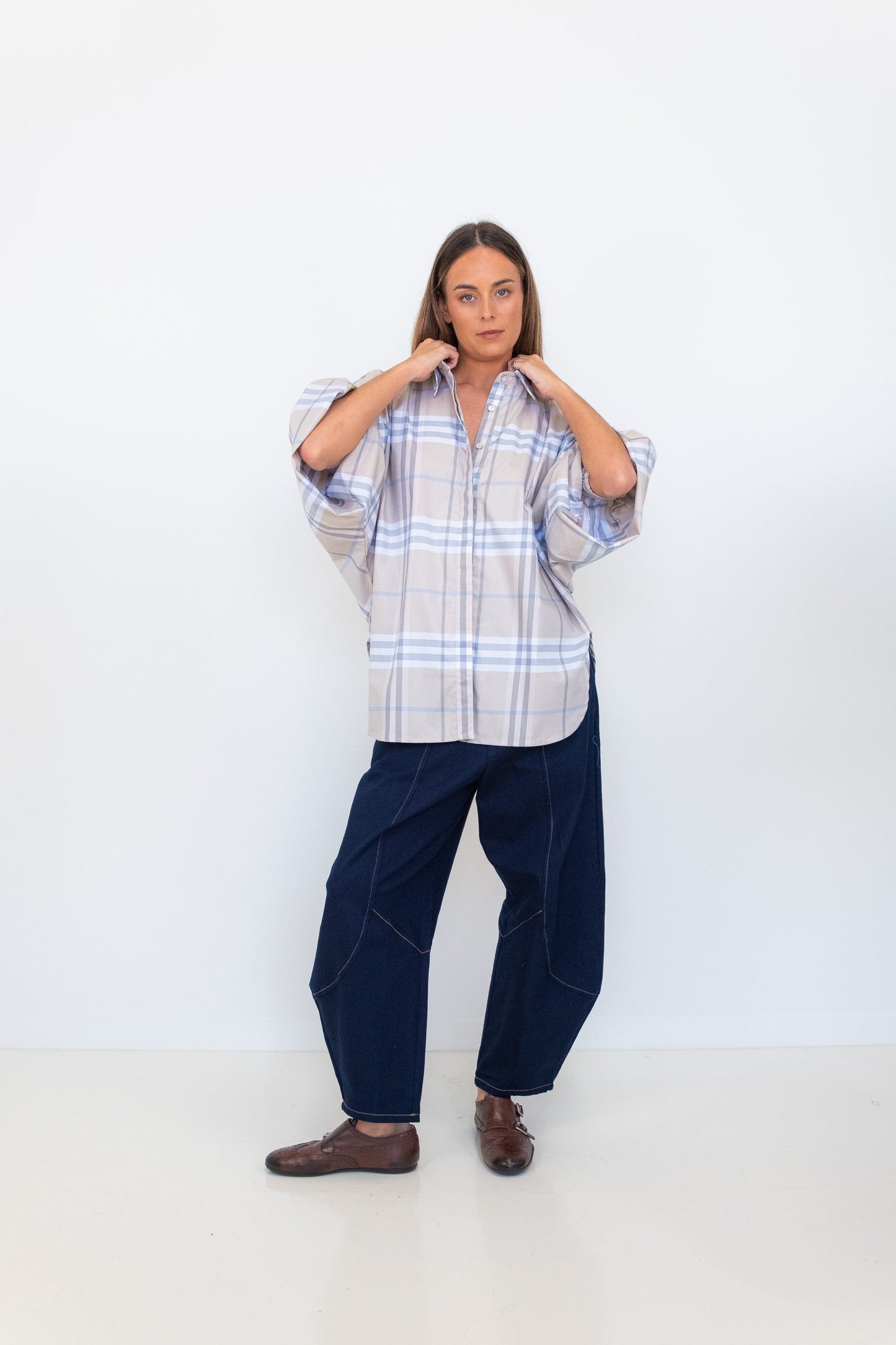 Butterfly Sleeve Shirt - Tan Checks