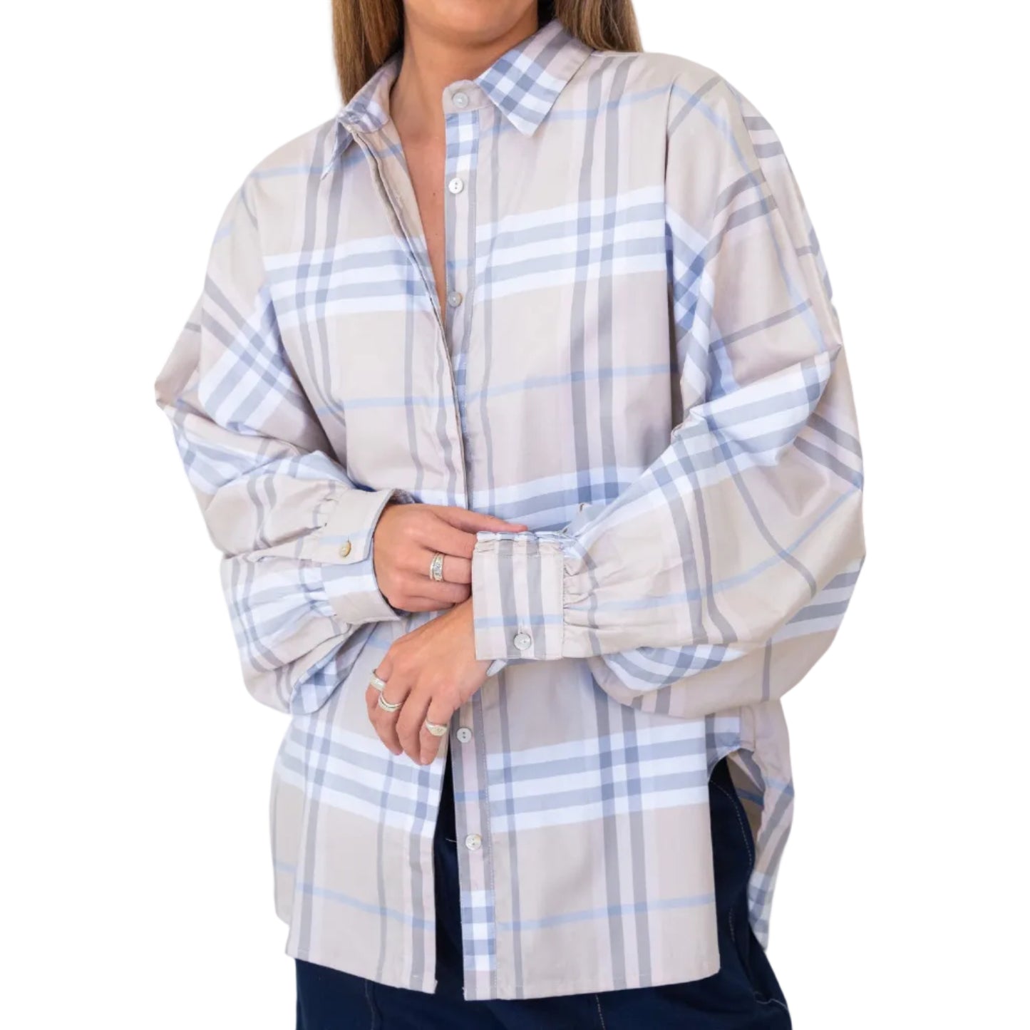 Butterfly Sleeve Shirt - Tan Checks