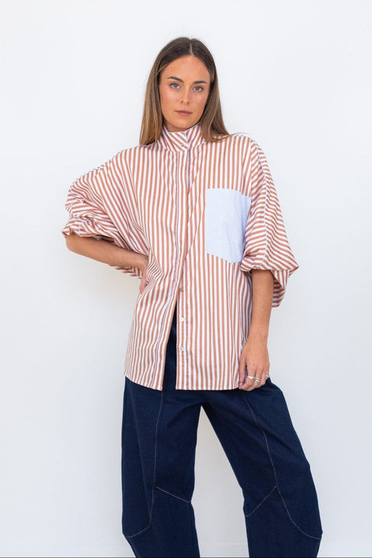 Butterfly Sleeve Shirt - Brown Stripe