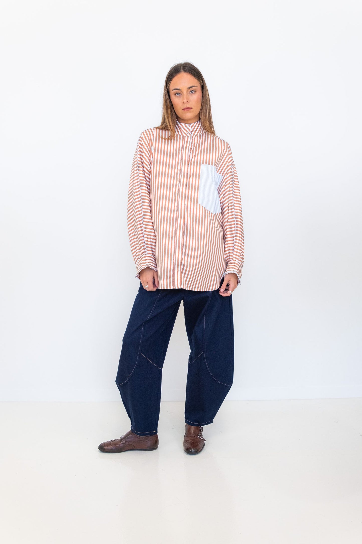 Butterfly Sleeve Shirt - Brown Stripe