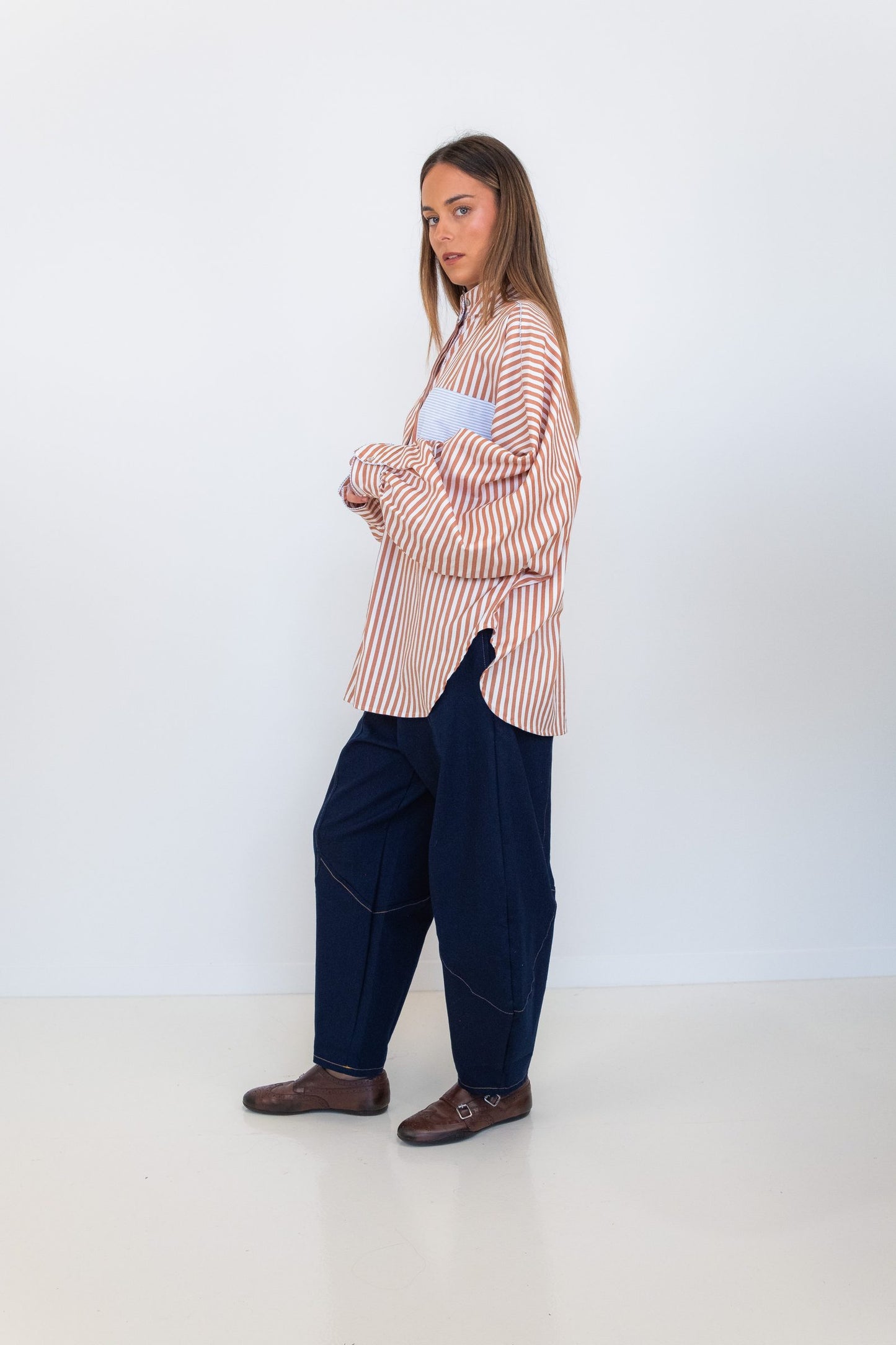 Butterfly Sleeve Shirt - Brown Stripe