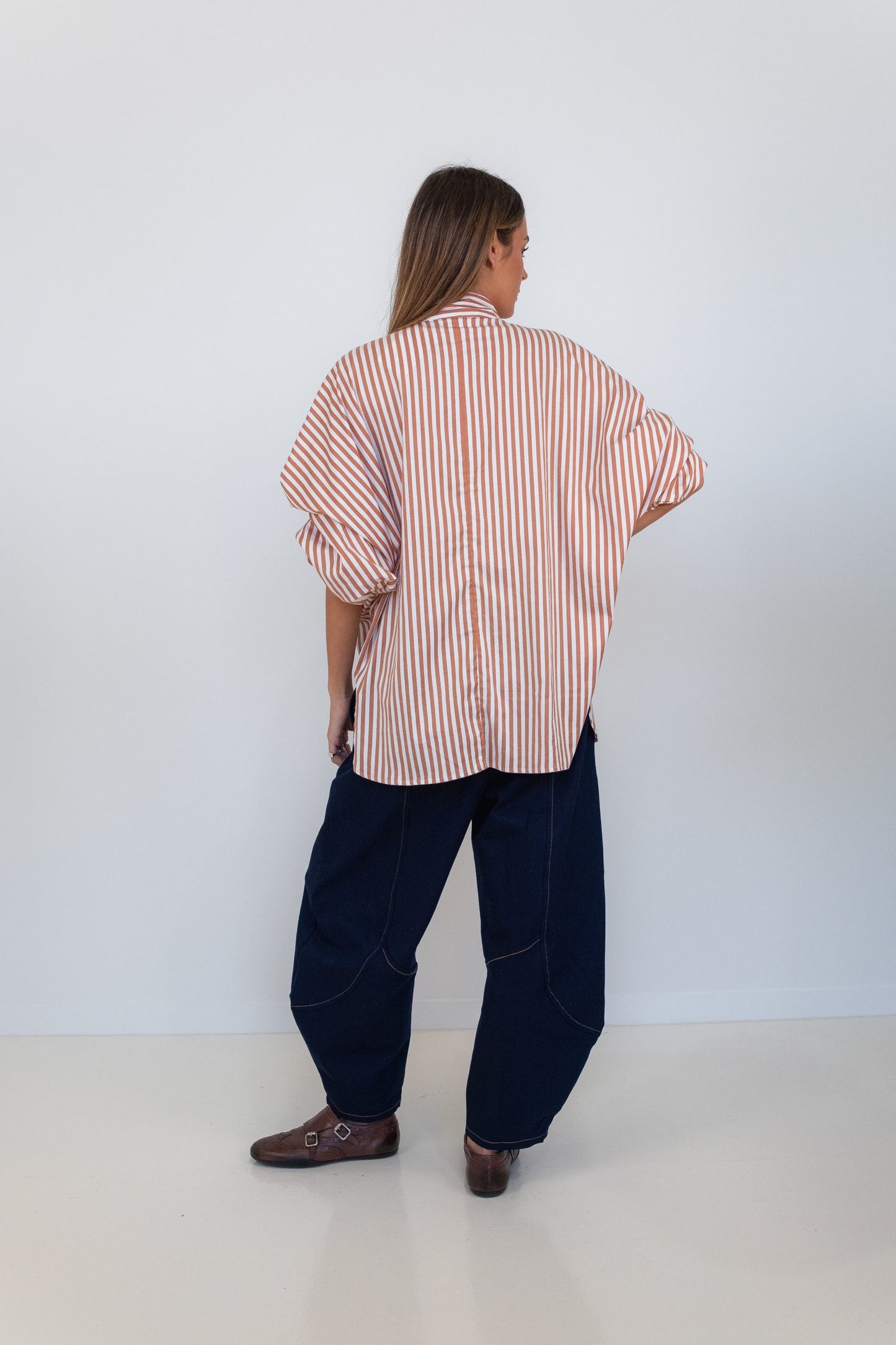 Butterfly Sleeve Shirt - Brown Stripe